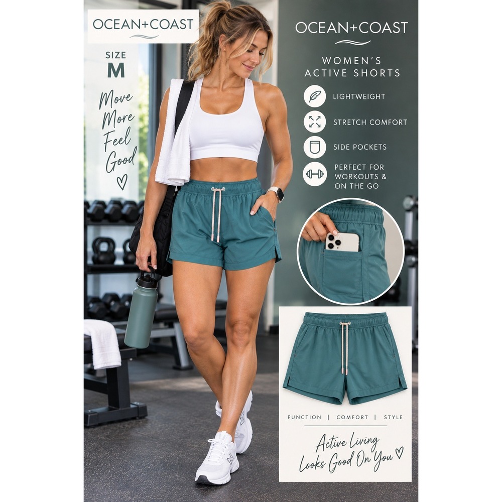 Ocean + Coast Womens Active Shorts Teal Blue Green Elastic Waist Pockets Size M